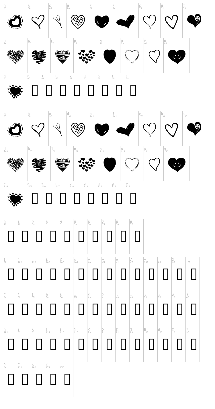 KR Heartalicious font map